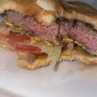 a hamburger cut in half