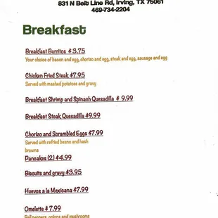 Rico's breakfast menu