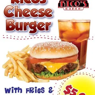a cheeseburger with fries and a free iced tea