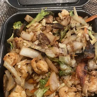 $13 SHRIMP HIBACHI WITH FRIED RICE - huge portion, mostly rice. Always want more shrimps, but it seems like a normal portion size.