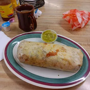 Chorizo burrito, salsa Verde and cafe'