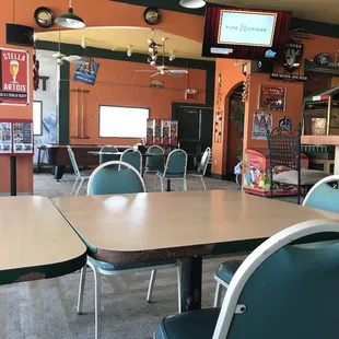 tables and chairs in a restaurant