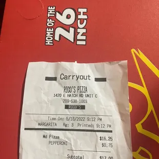 a receipt for a pizza