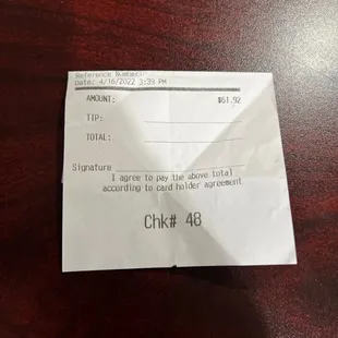 a receipt on a table