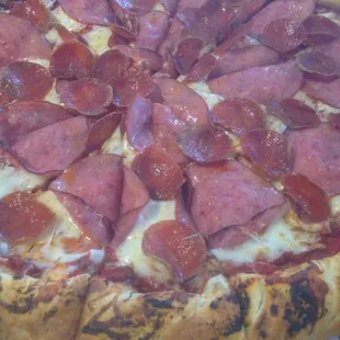 Delicious Canadian bacon and pepperoni pizza.