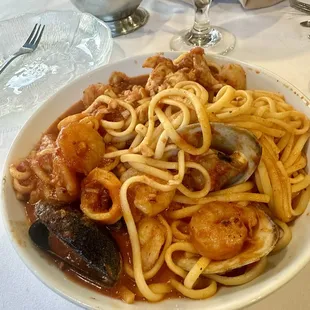 Linguini and seafood including shrimp, mussels and calamari