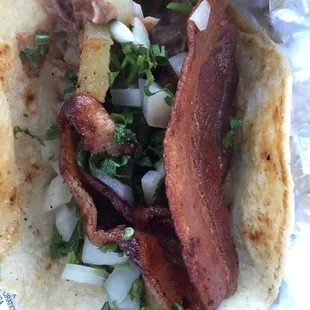 Bean+potato+Bacon w/cilantro and onions on corn tortilla