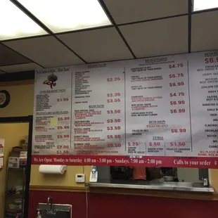 a menu on the wall