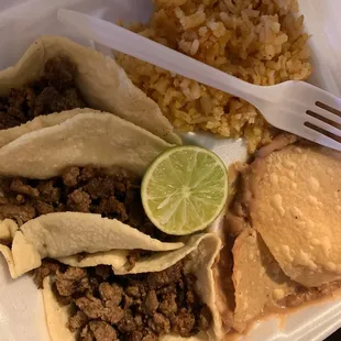 Plain asada tacos with rice &amp; beans