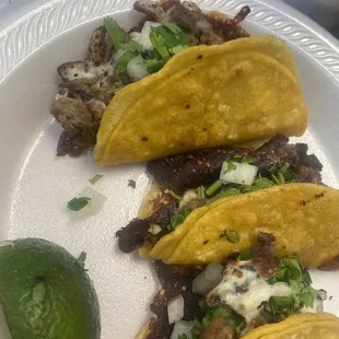 Fajita &amp; Trompo Tacos with burnt cheese.