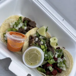 Left to right: carne asada, barbacoa, pastor taco