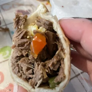 Inside of the beef empanada, 2.50$.