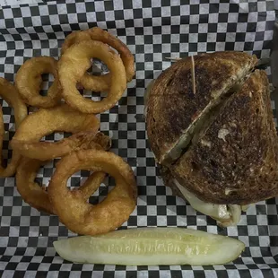 Patty Melt with onion rings. The best Patty Melt I&apos;ve ever eaten!