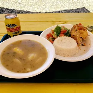 a bowl of soup and a plate of rice