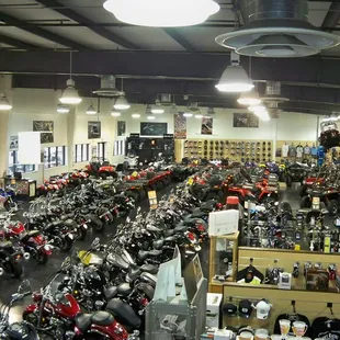 Inside view of our store. We have a large selection of new and used motorcycles, ATVs, side by sides and more!