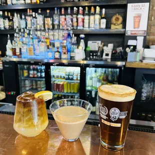 Fatheads Holly Jolly with cinnamon sugar rim, an espresso martini, and a spiked Arnold Palmer