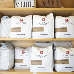 a display of one cup coffee bags