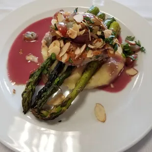 The chicken, mashed potatoes and asparagus with sauce and fixings.  Delicious!