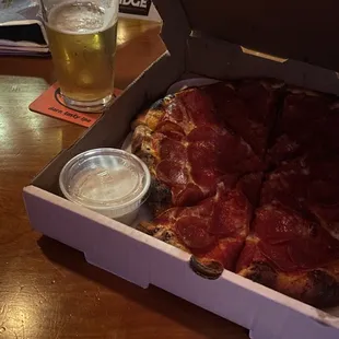 pepperoni pizza and beer