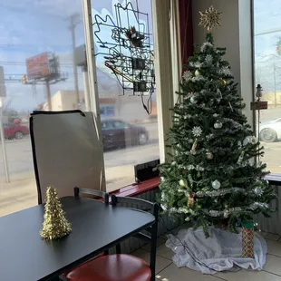 a christmas tree in the window