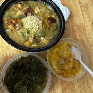 Chicken and Shrimp Gumbo Collard Greens Side of Mac and Cheese