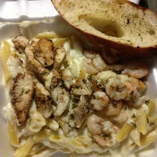 Shrimp/Chicken Alfredo not on the menu together but worth the extra! Chef Pierre definitely puts the "R" in ridiculous. Yum Yum!