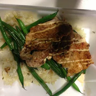 Pork Ribeye with Creamy Rice and Fresh Green Beans! Delish!