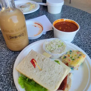 Turkey Sandwich with Chili, Iced Coffee, and a Confetti Cake