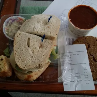 Decent amount of food for $11.  Sandwich, Chicken Chili, lil slaw, Molasses cookie, and a super delicious blueberry muffin bar.