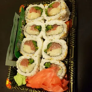 Red and white roll. Bleh to the cilantro