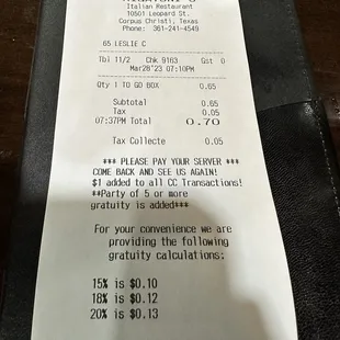 Nice to know you'll get charged 0.70 for a to go box