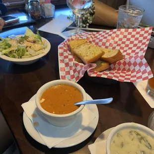 Cesar Salad, Bowl of Soup, garlic Rigatoni 's Crotini Bread