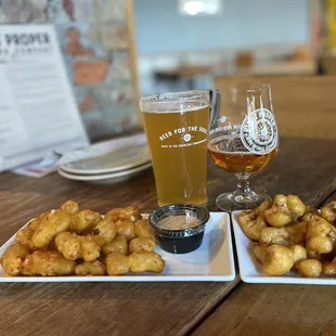 Cheese Curds, Beer Battered Cauliflower, pale ale, blackberry wine cooler