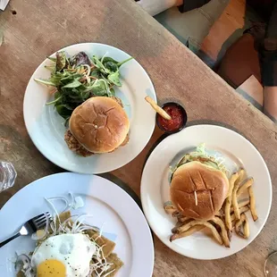 Chilaquiles, chicken burger, beef burger.