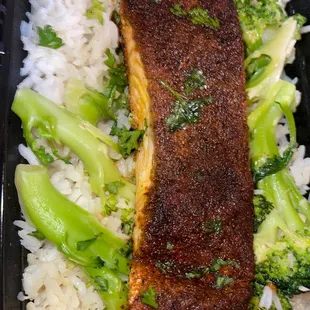 Blacken salmon rice and broccoli
