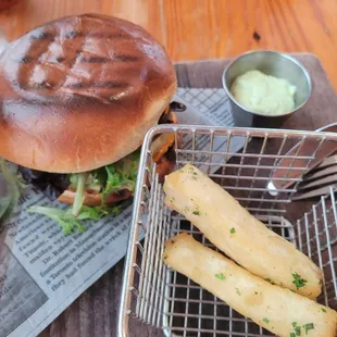 Black bean burger and fries