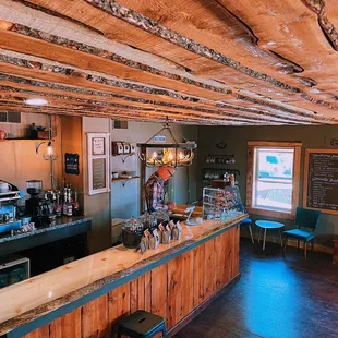 Wood ceiling and the owner at the counter!