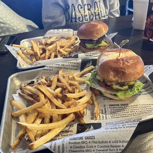 Two Old School Burgers! Fries and drinks included!