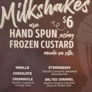Milkshake menu
