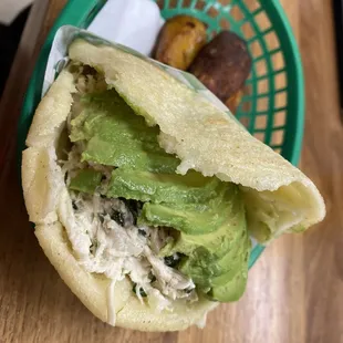 Reina Arepa with side of Fried Plantains