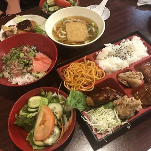 a variety of food items on a table