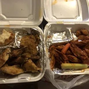 Got started before the pic. Lemon pepper on the left and mild on the right. Veggies, rolls and 2 sides 2 drinks. BOGO deal day.  Yummy