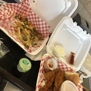 The food was amazing and seasoned well. Fried Fish with Cajun seasoning and the Kickin Fries without bacon