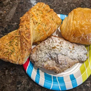 Pistachio croissant, chocolate croissant, cheese twist