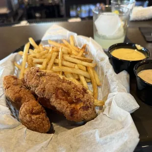 Chicken tenders, fries and Riley's and honey mustard sauce