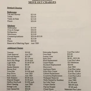 Crazy move out charges.  It's not even a complete list based on final line:  "Not a complete list.  Other items to be determined."
