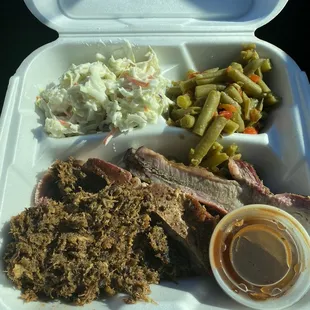 Rib and chopped beef, coleslaw, and green beans. Pretty tasty.