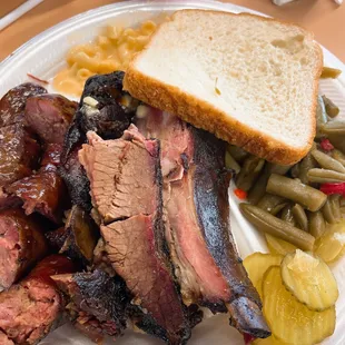 3 meat platter (sausage, ribs, brisket) with Mac &amp; Cheese and green beans.