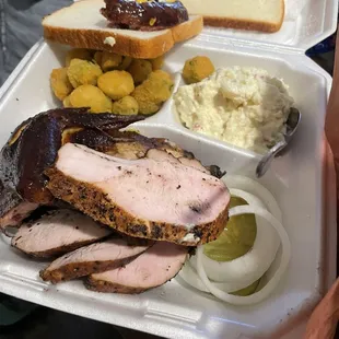 Turkey, Chicken white meat, potato salad, and okra