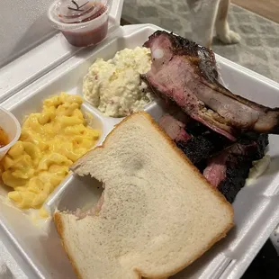 Pork ribs, Mac and cheese, and potato salad